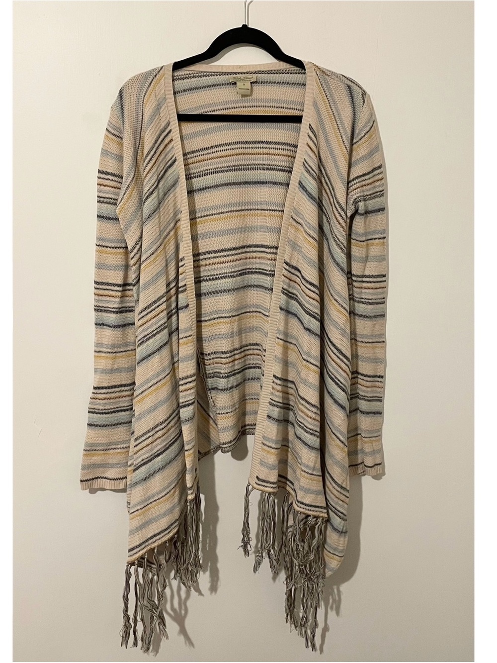 Lucky Brand Cream Tan Fringe Striped Open Cardigan Size Small Boho Bohemian